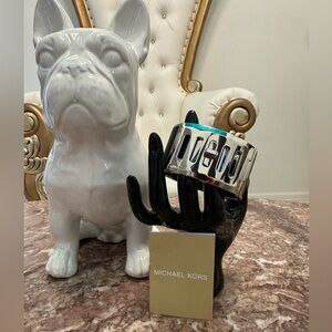 (MSRP $165)Michael Kors Leather Turn-lock Silver Cuff Bracelet - NWOT